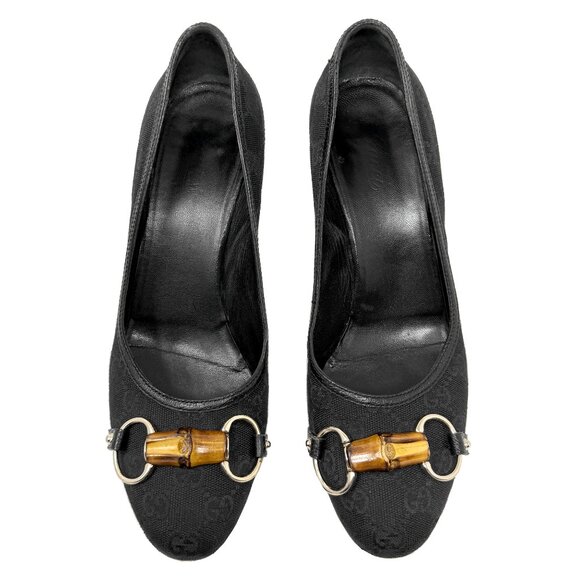 Gucci Vintage Tom Ford Era Black Monogram Bamboo Heel Pumps Size 9B - Picture 1 of 9